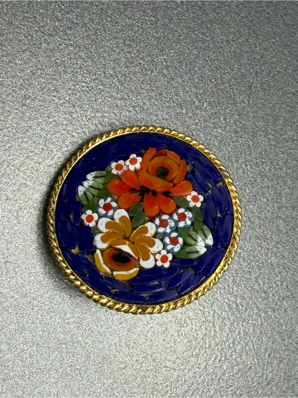 Vintage Floral Micro Mosaic Brooch - Navy Blue, Orange, White